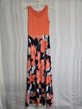 BLUE TIME WOMEN'S ORANGE FLORAL PRINT MAXI SLEEVELESS DRESS SIZE SMALL